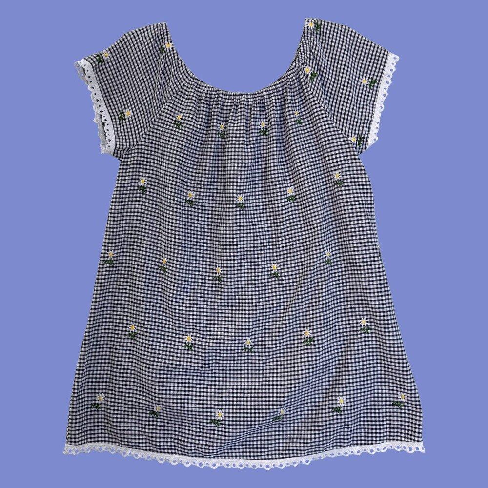 navy blue gingham mini dress embroidered flower daisies size L boho festival